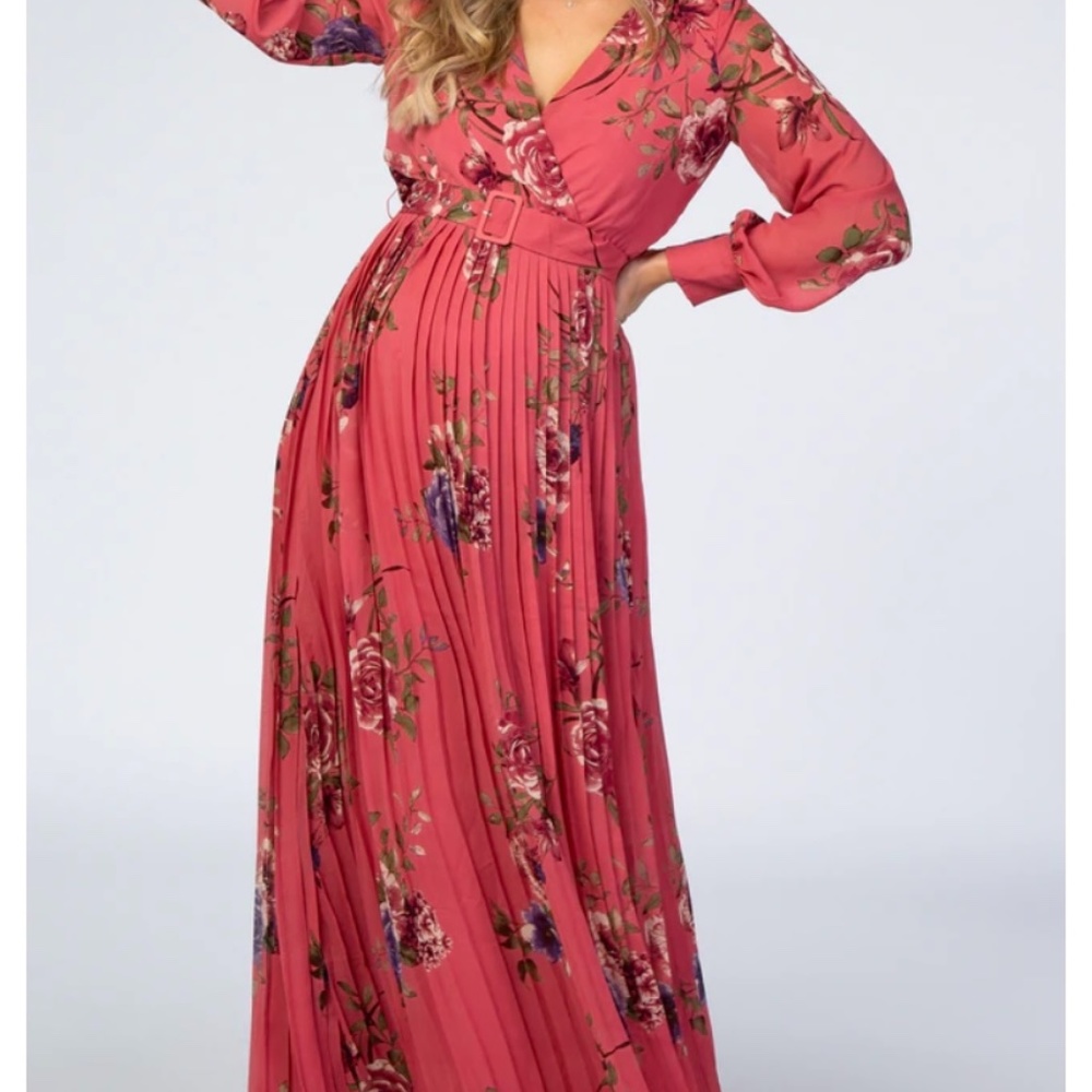 Mauve Floral Pleated Maternity Maxi Dress-NWOT